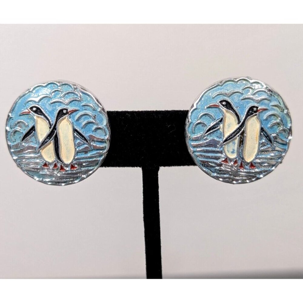 Vintage West Germany Penguin Scene Round Silverโ Tone Clip Earrings Lightweight